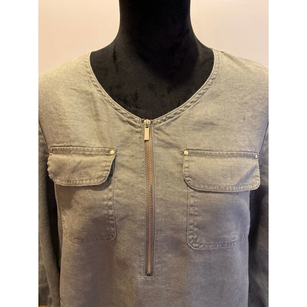 Jones New York Sport Linen Blouse Size Medium Olive Green Tunic‎ Top  Zip Front